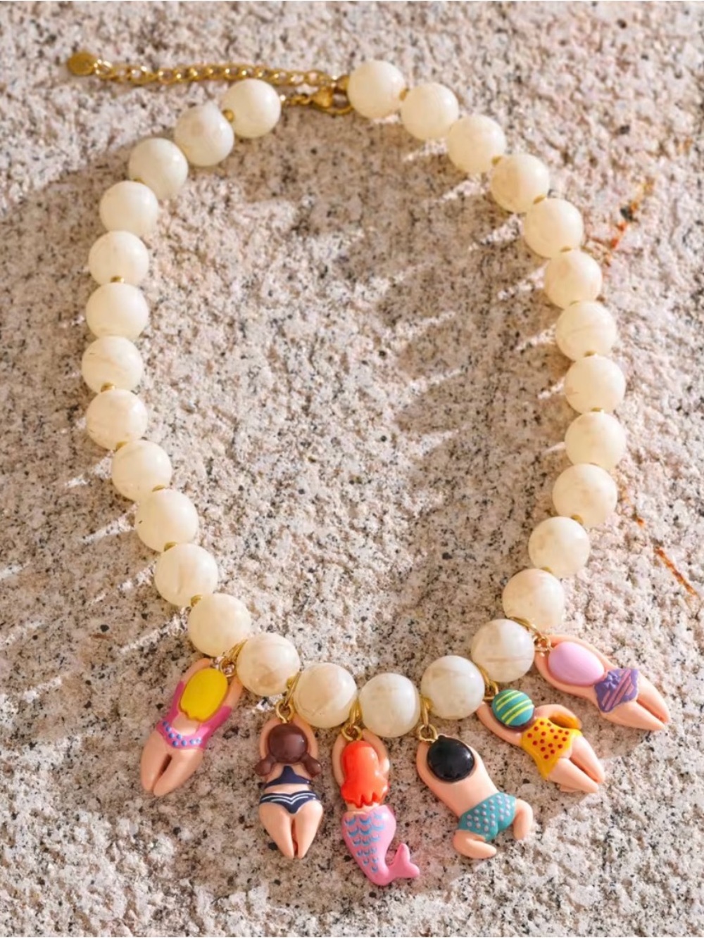 Handmade Cream Bead Necklace with Colorful Mermaid Charms